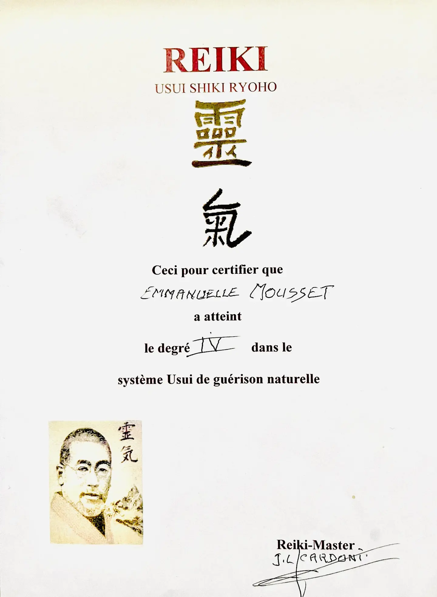 Certificat Reiki Usui Shiki Ryoho d'Emmanuelle Mousset