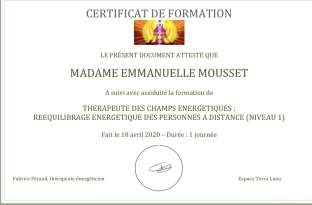 Certificat de thérapeute des champs énergétiques